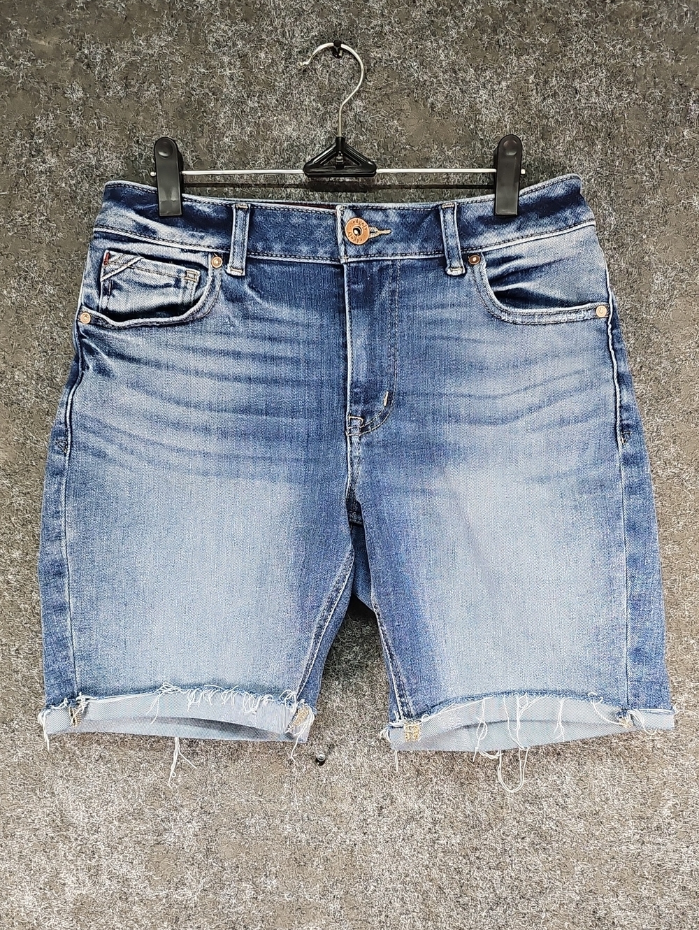 Edgely Stretch Denim Bermuda Jorts, Whiskered 5 Pocket Roll Cuff, Size 8